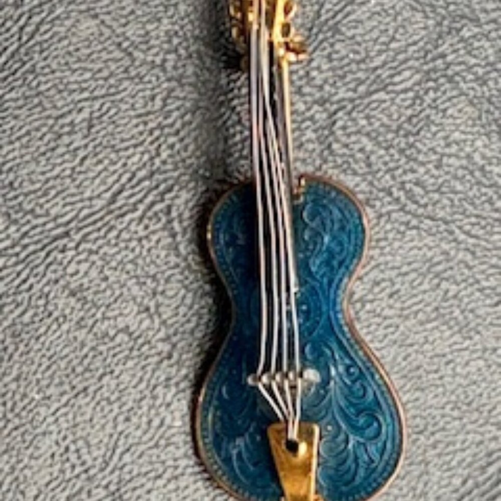 Vintage - Western Germany guilloche style violin brooch-Gold & blue enamel